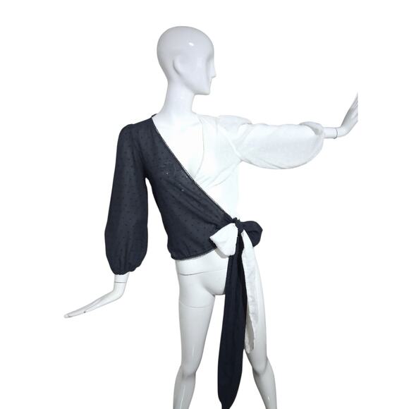 Anthropologie Farm Rio Womens size XS Swiss Dot Wrap Puff Sleeve Color Block Top - Picture 7 of 11